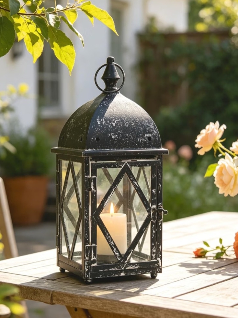 Black Distressed Metal Candle Lantern — Decorative Home Accent NIB - Picture 4 of 8